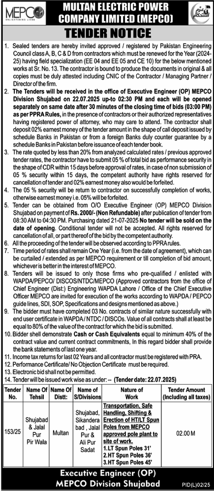 Multan Electric Power Company Limited Multan Tender Notice
